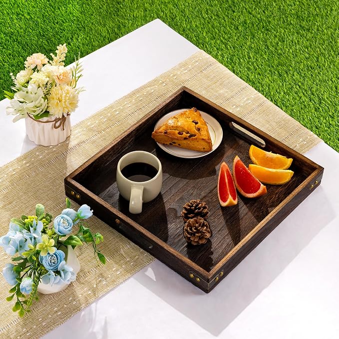 Serving Tray with Handles, Wood Decorative Tray, Square Large Serving Platter | - Image 6