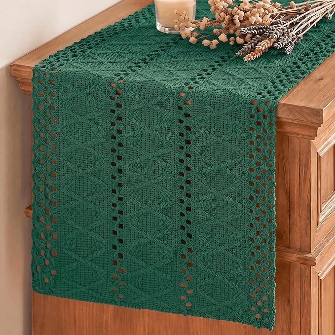 Artoid Mode Dark Green Woven Farmhouse Hollow Table Runner 12x36 Inch | Holiday by ArtoidMode