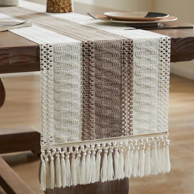 Macrame Style Bicolor Stitching Table Runner 14x48in Cocoa Brown | Woven Boho - Image 7