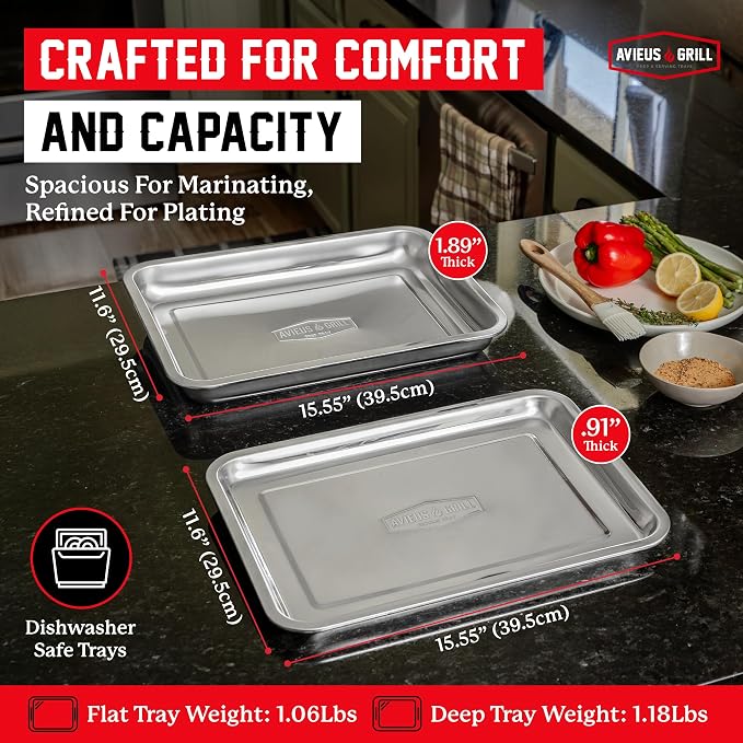 AVIEUS Grill Prep and Serving Trays | Set of 2 Stackable Stainless Steel Trays - Image 2