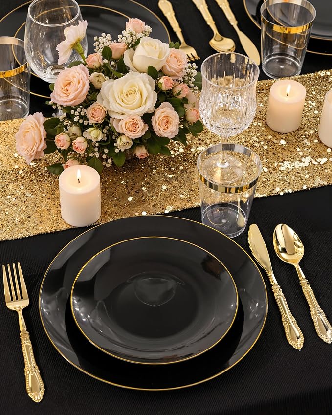 Nervure 100PCS Black and Gold Plastic Plates 10.25″Disposable Dinner Plate | - Image 5