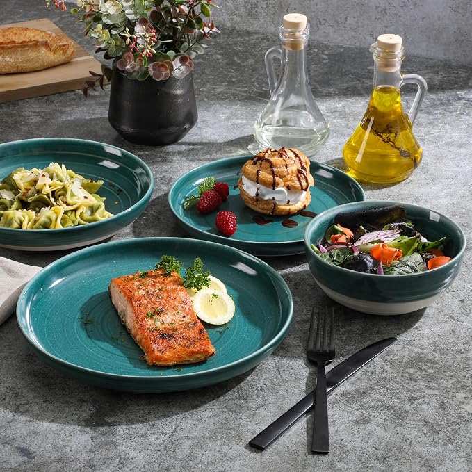 Gibson Elite Clarina 16 Piece Double Bowl Stoneware Reactive Glaze Round Plates - Image 2