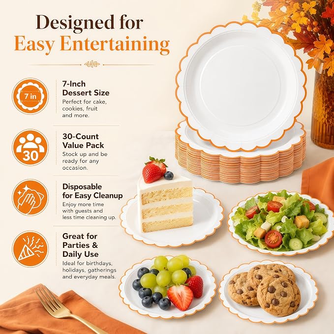 30 Pack Orange and White Paper Plates 7 Inch, Disposable Scalloped Plates - Image 4