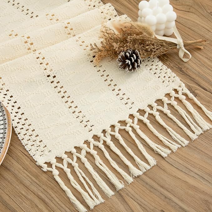 Boho Cream Table Runner, 12x72 Inches | Tassels, Summer Farmhouse, Woven Cotton by Counfeisly