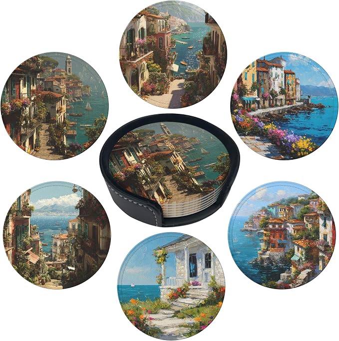 Ocean City Coasters Leather Round Drink Coasters 6 Pcs Set by Yopiiefa