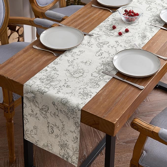 jinchan Grey Floral Linen Table Runner 13 x 90 Inch Farmhouse | Neutral by JINCHAN
