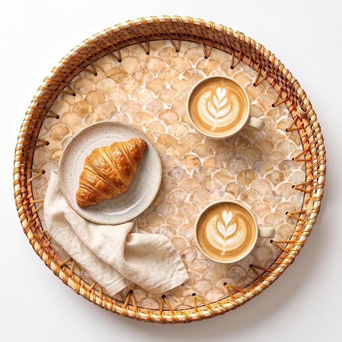 JUNGLE CULTURE Round Rattan Tray Mother of Pearl Inlay • Cascade Light 14" | - Image 6