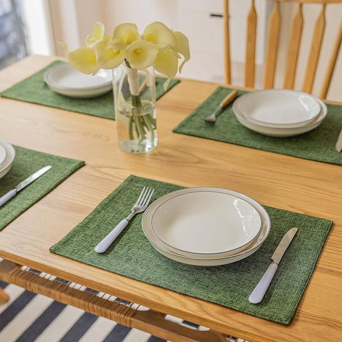 Demetex Cloth Placemats Green Set of 4 Vintage Textured Linen Place Mats Heat by DEMETEX