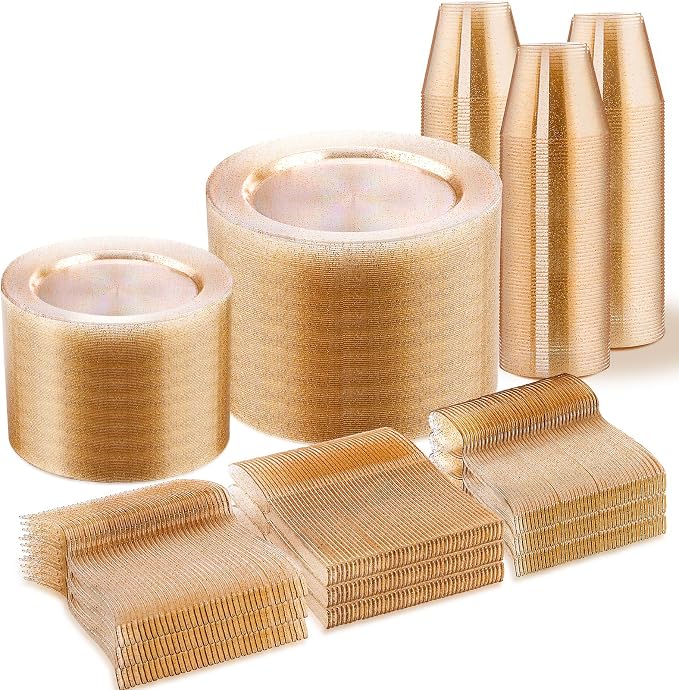 WELLIFE 600 PCS Gold Glitter Disposable Dinnerware Set by WELLIFE