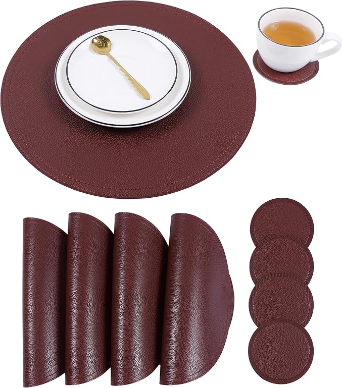 Faux Leather Round Placemats and Coasters, Coffee Mats Kitchen Table Mats by JOVONO