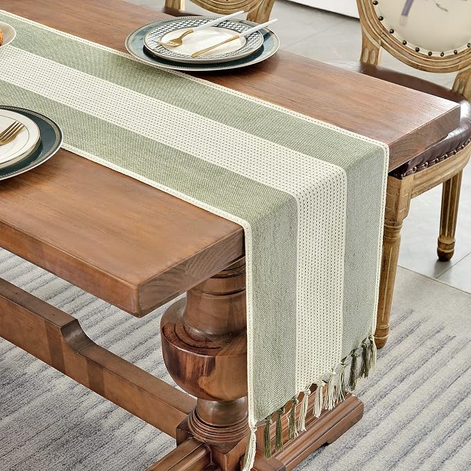 Wracra Linen Table Runner, Stripe Table Runners 60 Inches Sage Green | Delicate - Image 6