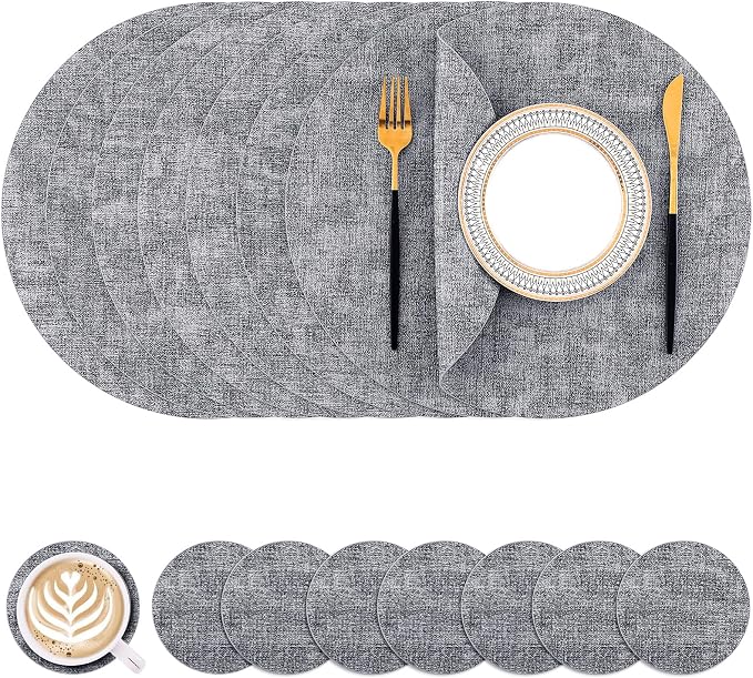 Homaxy Round Faux Leather Placemats and Coasters, Wipeable Place Mats, by Homaxy