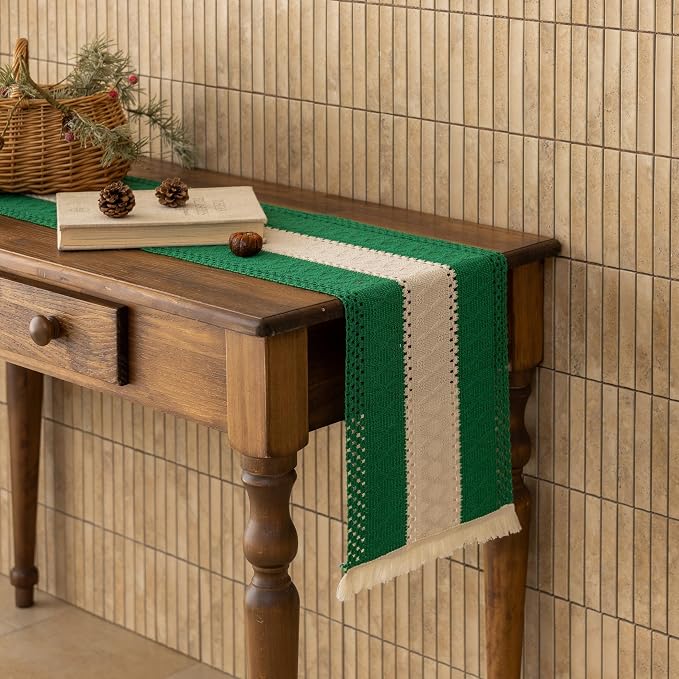 Keketoarrange Christmas Green Boho Table Runner 12x60 Inch | Woven Burlap - Image 6