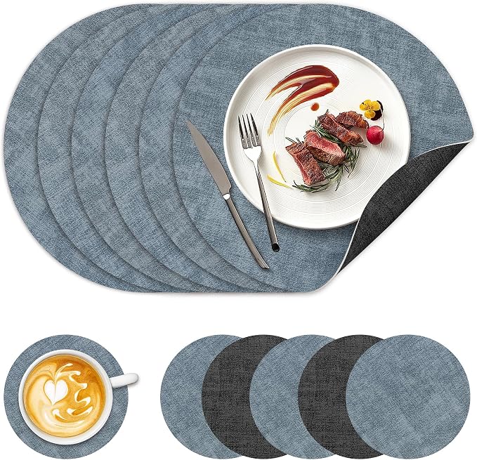 NCUE 13" Faux Leather Round Placemats Set of 6, Reversible Dual-Color | by NCUE
