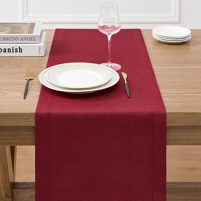 Linen Textured Border Table Runner, 14 x 90 Inch Red | Mitered Corner Design - Image 3