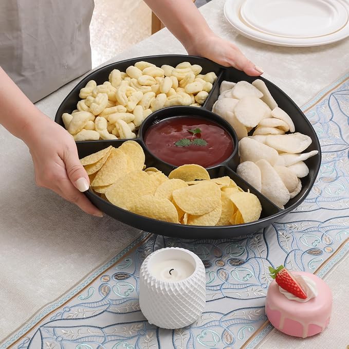 Chip & Dip Serving Tray Set, 4 Sectional Round Melamine Serving Platter - Image 4