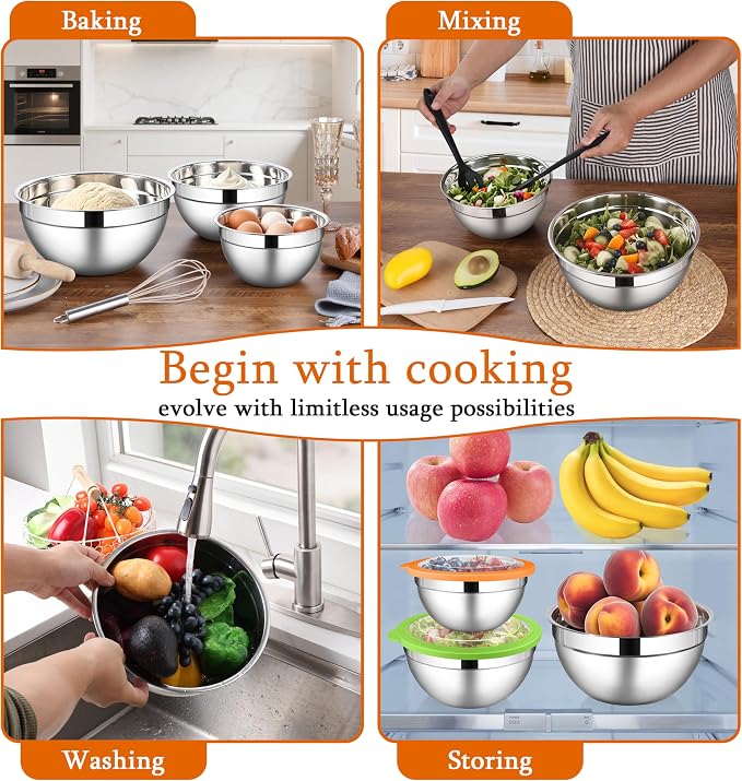 LIANYU Mixing Bowls with Lid Set of 3, Stainless Steel Metal Mixing Bowls | - Image 4