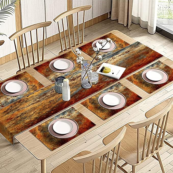 Brown Rust Table Runner and Placemats Set of 6, Linen 108" Long | Abstract - Image 3
