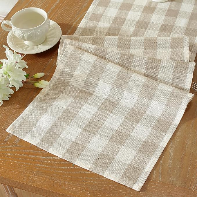 Laolitou Spring Beige Checkered Table Runner, Cotton Linen Gingham Table Runners - Image 5