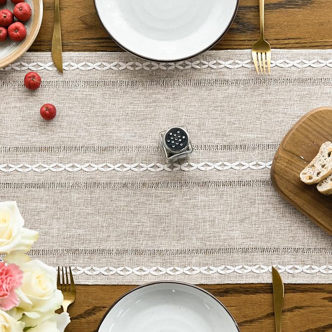Artoid Mode Brown Rustic Cotton Linen Table Runner, Seasonal Embroidered Hollow - Image 2