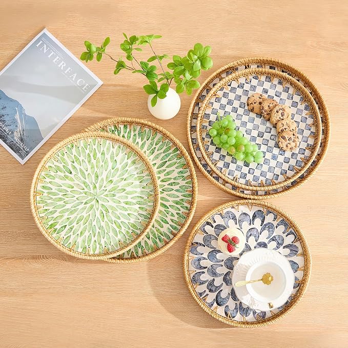 Round Rattan Tray with Mother of Pearl Inlay, Rattan Serving Tray with Wooden - Image 6