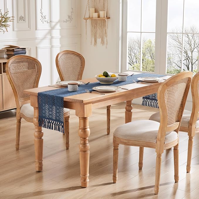 Macrame Style Boho Table Runner, 12x108 Inch Dusty Blue | Woven Boho Table - Image 3