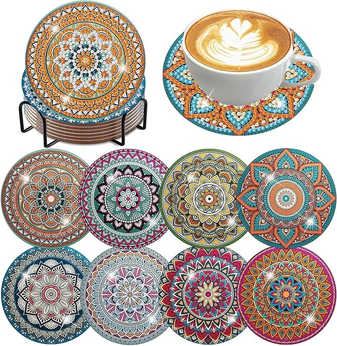 ijbnhd 8 Pack Mandala Diamond Art Coasters Kits 4x4 inch | Mandala Diamond by ijbnhd