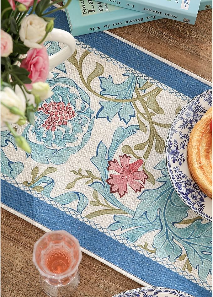 Patdrea Designer Vintage French Linen Table Runner, Elegant Blue Floral Pattern - Image 4