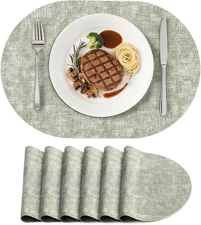 Placemats Set of 6, 11.8 x 17 Inch, Grass Green | Heat Resistant Oval Faux by homing