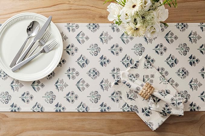Block Print Floral Decorative Table Runners, 13x60 Inch Grey | 100% Organic - Image 4