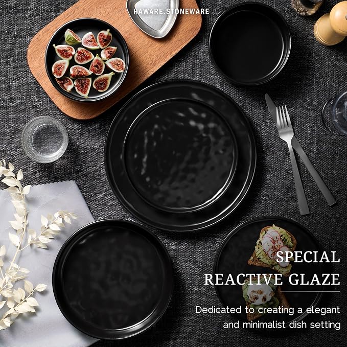 HaWare Dinnerware Sets, 12-Piece Plates and Bowls Set, Matte Black | Stoneware - Image 4