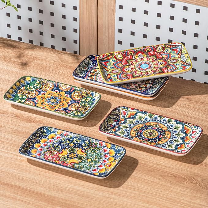 Henten Home Ceramic 10 Inch Salad Plates, Colorful Rectangular Plate Set of 6 - Image 3