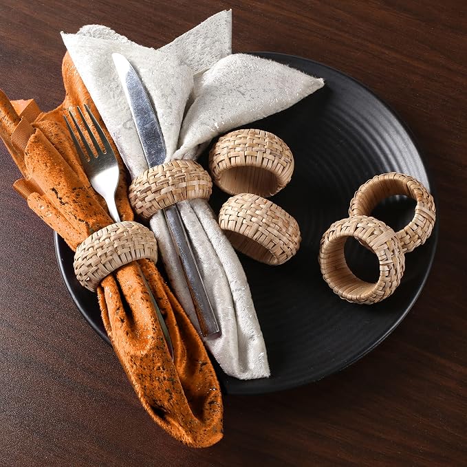 Natural Cane Napkin Rings Set of 6, Handwoven Table Decor, Bohemian Coastal - Image 3