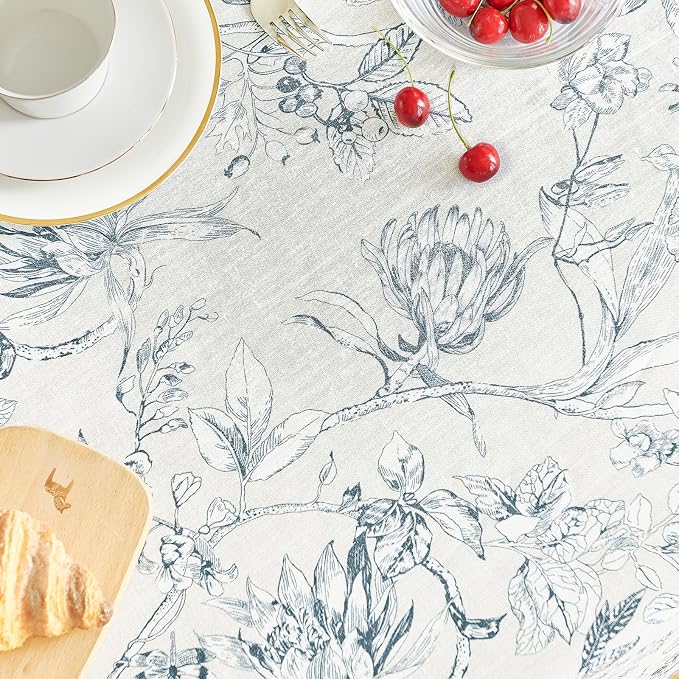 jinchan Blue Floral Linen Square Table Cloth 50 x 50 Inch | Blue floral accents - Image 9