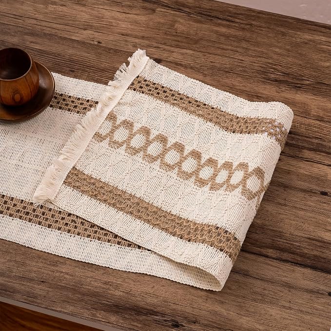 Boho Table Runner with Tassels 12 x 48 Inches Long, Cream & Brown Rustic - Image 7