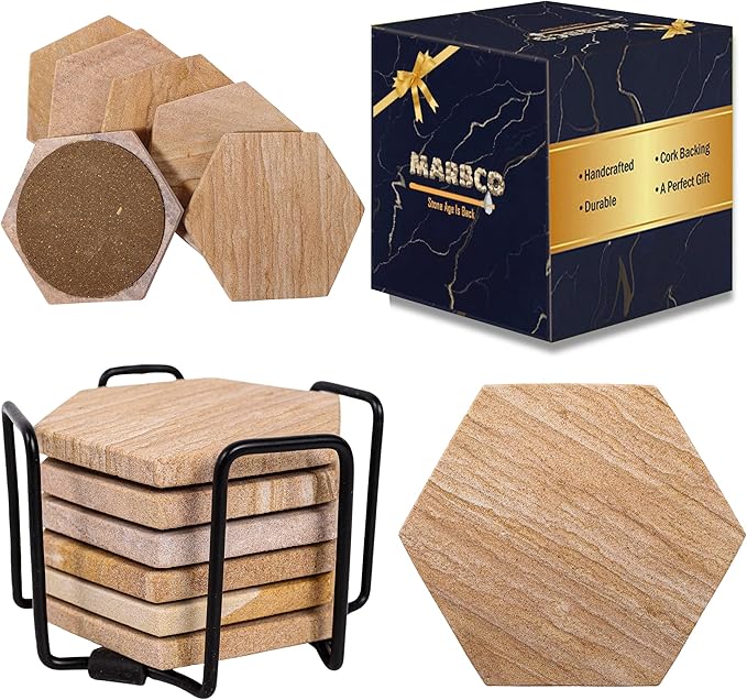 Sandstone Water Absorbent Hand Crafted Hexagon Coasters by Marbco