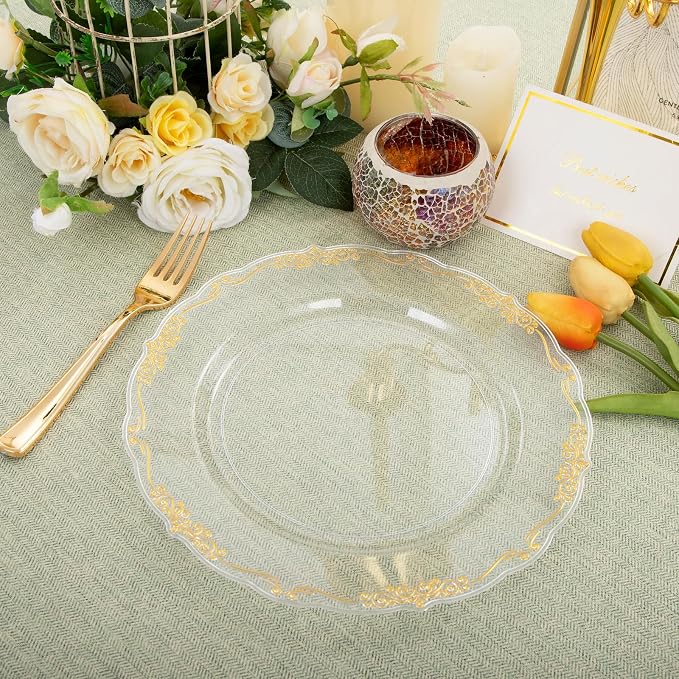DaYammi 60PCS Clear Gold Plastic Plates Fancy Heavy Duty Clear Disposable - Image 7