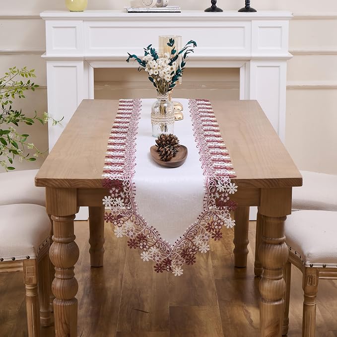 White Dark Red Floral Lace Table Runner Dresser Scarf | Dresser Scarf, Lace - Image 2