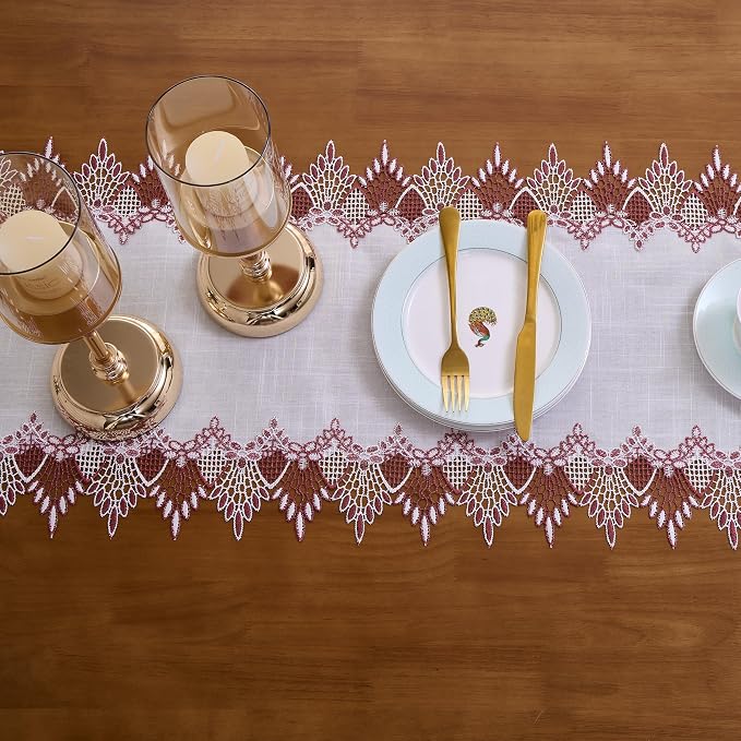 White Sheer Lace Table Runner Dark Red 54" Christmas Dresser Runners | - Image 5