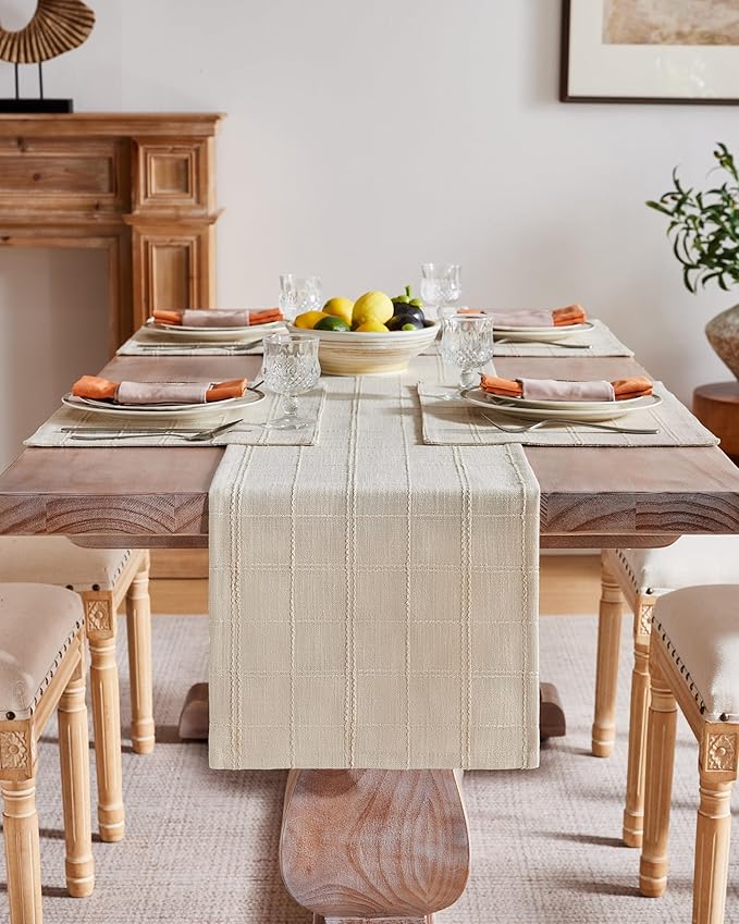 Linen Checked Farmhouse Table Runner, 13x48 Inches Neutral Beige | Raised Grid - Image 2