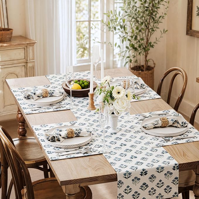 Block Print Floral Decorative Table Runners, 13x36 Inch Dusty Blue | 100% - Image 7