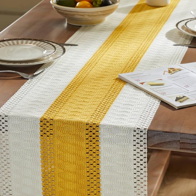 Macrame Style Bicolor Stitching Table Runner 14x48in Mustard | Woven Boho Table - Image 5