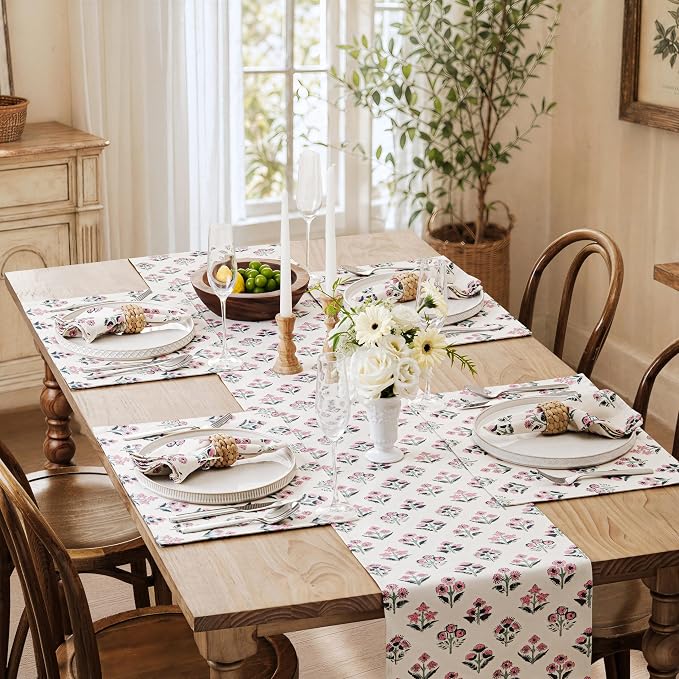 Block Print Floral Decorative Table Runners, 13x72 Inch Pink | 100% Organic - Image 7