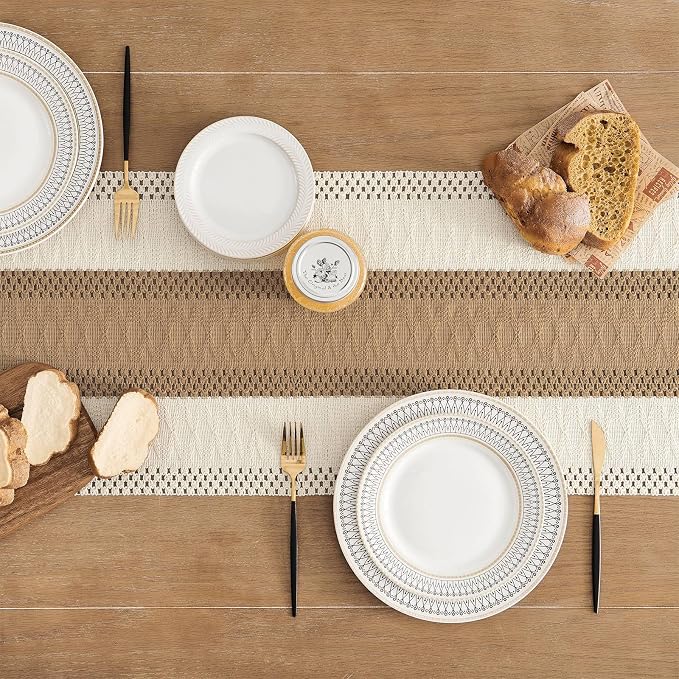 Macrame Style Bicolor Stitching Table Runner 14x48in Brown | Woven Boho Table - Image 4