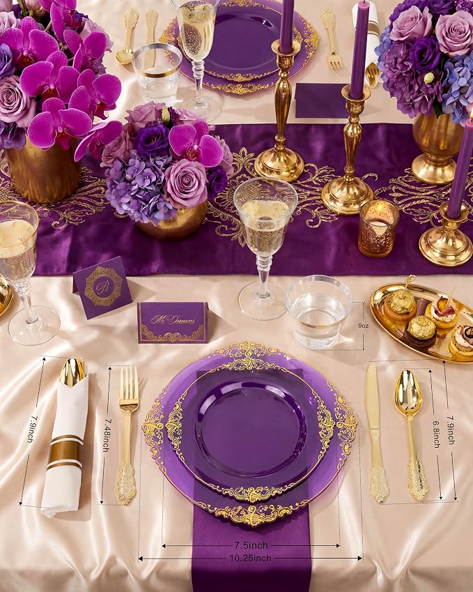 Nervure 350Pcs Purple Plastic Plates, Plastic Dinnerware Set - Image 2