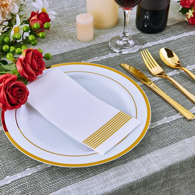 Vplus 100 Pack 10 in Gold Rimmed White Disposable Plastic Plates - Image 3