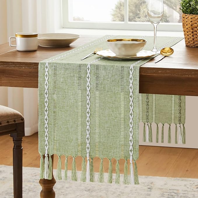 Hemstitched Farmhouse Table Runner, Sage Green 13x108 Inch, Cotton Linen Table by Unknown