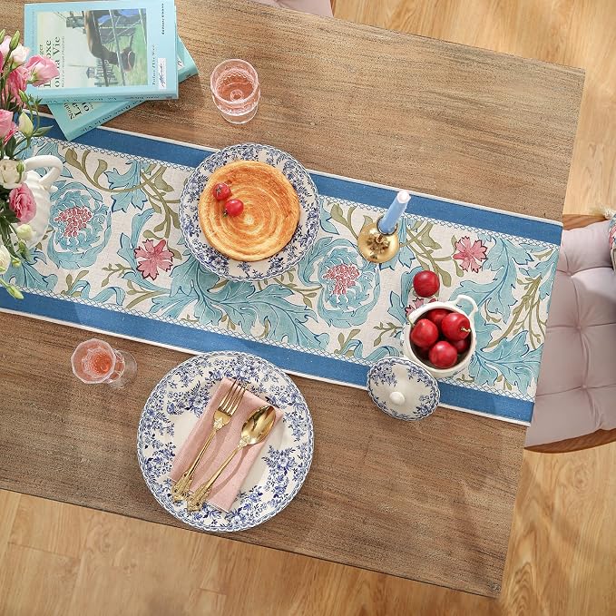 Patdrea Designer Vintage French Linen Table Runner, Elegant Blue Floral Pattern - Image 4