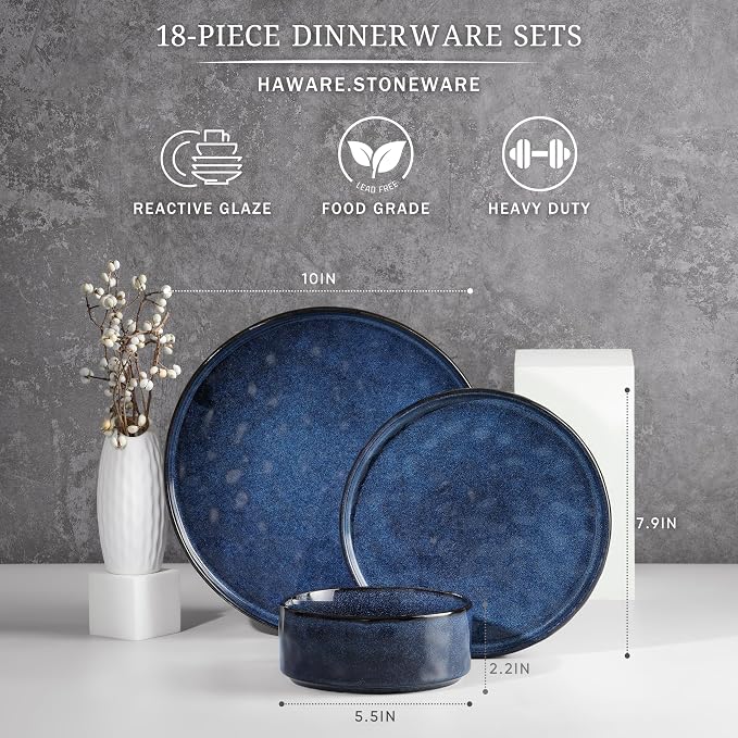 HaWare Dinnerware Sets, 18-Piece Plates and Bowls Set, Reactive Starry Blue | - Image 2