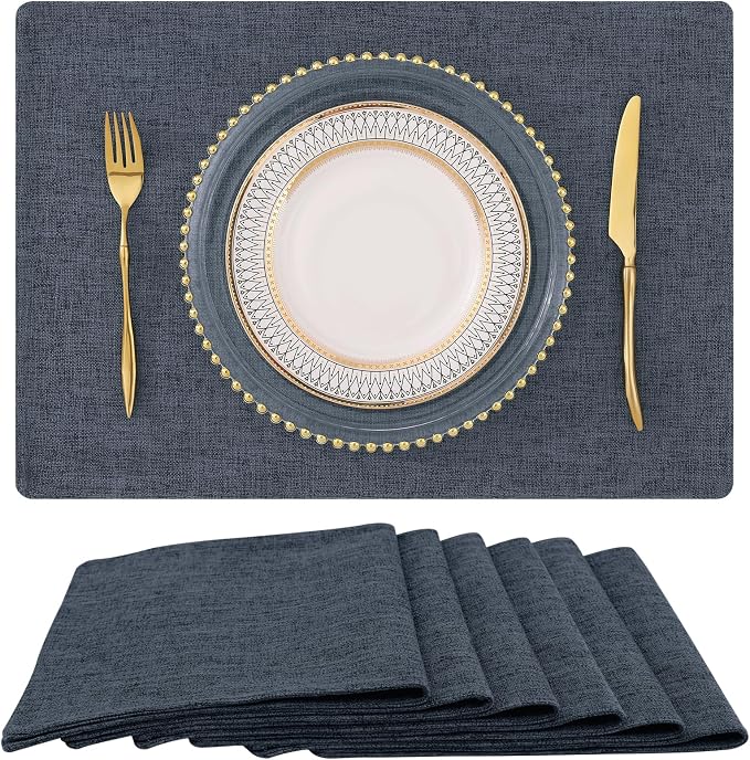 Faux Cotton Linen Placemats Set of 6, Cloth Washable Farmhouse Dining Table Mats by homing